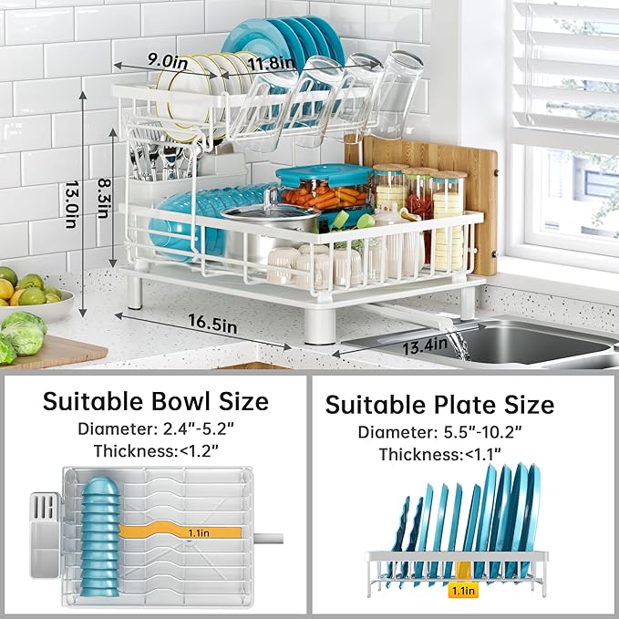 IMXSUMDA Dish Drying Rack, 2 Tier Dish Racks for Kitchen Counter, Compact Dish Drainer Rack, Detachable Dish Rack with Drainboard, Utensil Holder, Cup Holder for Small Space - White