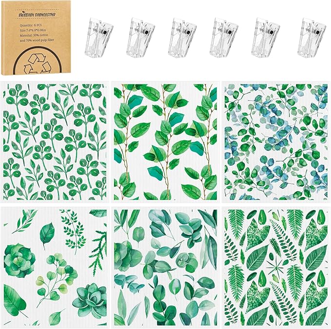 Needbrock 6 Pack Swedish Dishcloths for Kitchen, Swedish Rags Absorbent Green Leaf Dish Cloths Dish Towels with Adhesive Clips, Reusable Paper Towels No Odor for Cleaning Home Kitchen