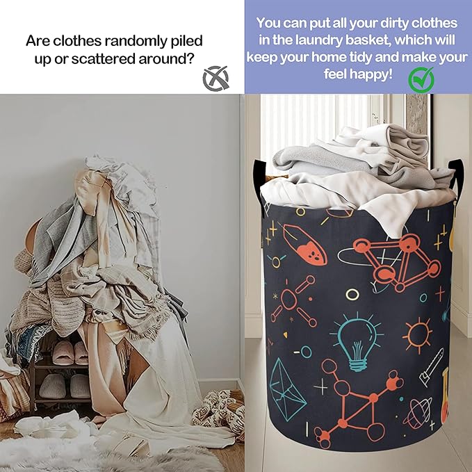 Atom Laundry Hamper，Science Large Canvas Fabric Lightweight Storage Basket/Dirty Clothes Collapsible Waterproof for College Dorms, Boys and Girls Bedroom,Bathroom