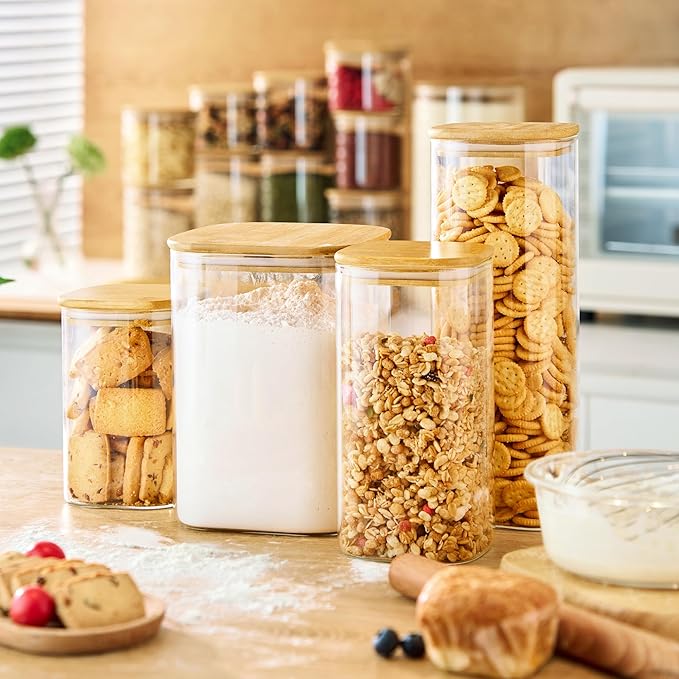 HomArtist 27oz - 4 Pack Square Glass Jars with Bamboo Lids, Glass Food Storage Containers with Airtight Lids for Kitchen, Air Tight Pantry Storage Containers