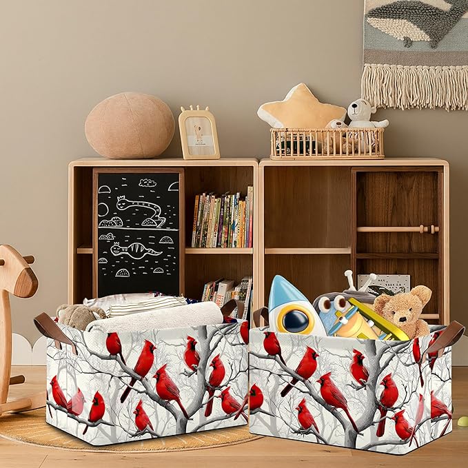 Red Cardinal Storage Basket with Handles,Winter Collapsible Rectangle Organizer Bin for Room Decoration Books Box Baskets 17x11.5x10Inch