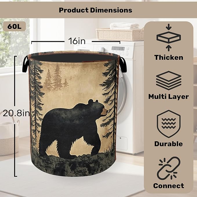 Bear Mountain Laundry Basket - Cabin Laundry Hamper, Heavy Duty 60L Dirty Clothes Organizer, Water Resistant Foldable Hamper for Men Women