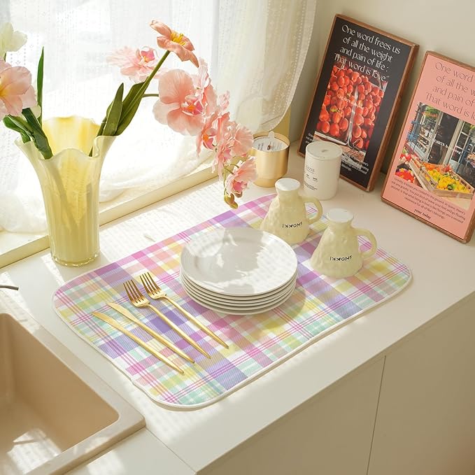 Easter Dish Drying Mat 18 x 24 Inch Spring Pink Yellow Purple Buffalo Plaid Drying Mat for Kitchen Counter Absorbent Spring Easter Checkered Dishes Dry Pad for Drainer Rack Kitchen Fast Dry