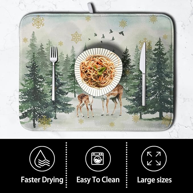 Kwlegh Reindeer Tree Snowflakes Christmas Dish Drying Mats for Kitchen Counter 18x24 Inch Winter Forest Dish Drainer Mats Absorbent Reversible Dish Draining Microfiber Dishes Drying Pad