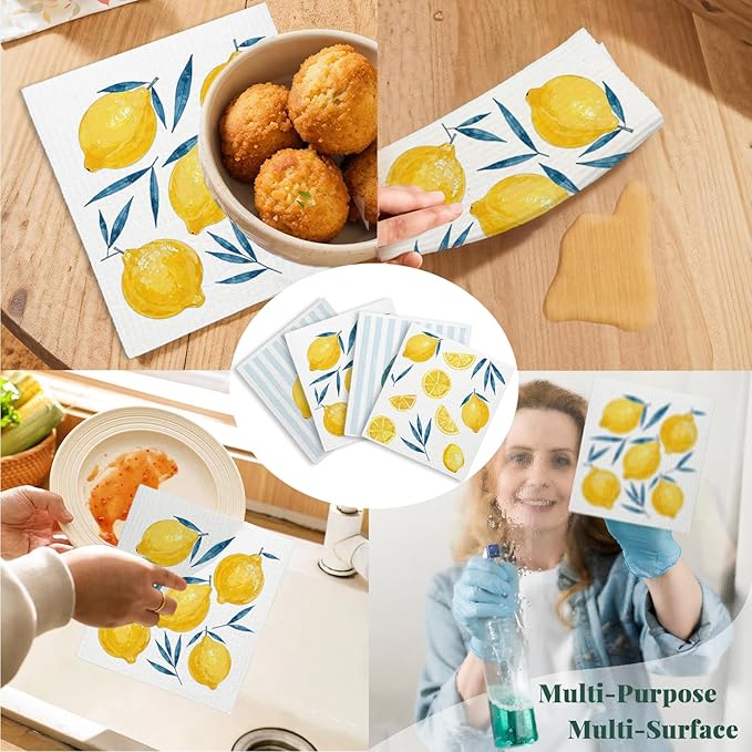 LARTSFRO Lemon Swedish Dishcloths for Kitchen, Swedish Dish Cleaning Cloths for Friut, Papaya Reusable Paper Towels, 4 Pack Dish Towels for Kitchen, Reusable Sponge Cloths Washable