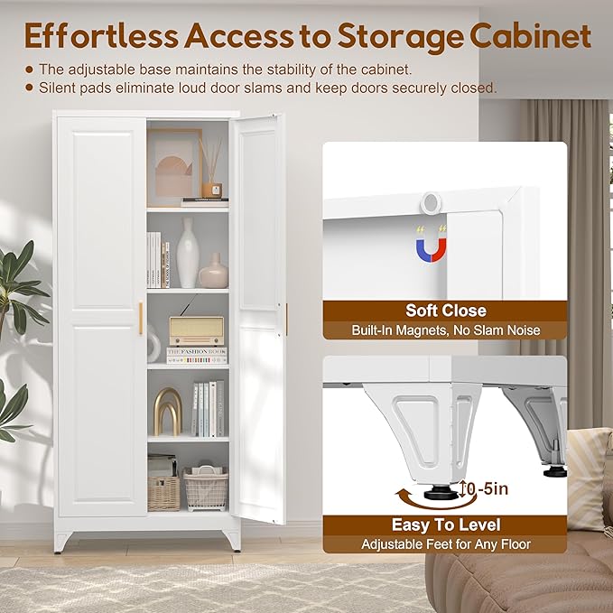 75" Kitchen Pantry Cabinet, Tall Storage Cabinet with Doors and 4 Shelves, Metal Storage Cabinets for Kitchens, Living Room, Dinning Room, Assembly Required, White