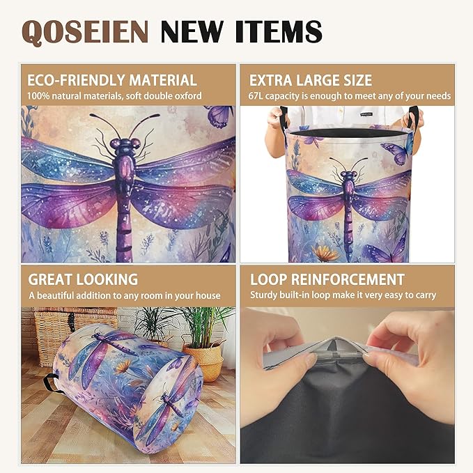 Dragonfly Butterfly Laundry Hamper,Collapsible Laundry Baskets,Colorful Wild Flowers Dirty Clothes Baskets with Handles,Oxford Cloth Hamper for Bedroom,Bathroom,College Dorms, 16"x20"