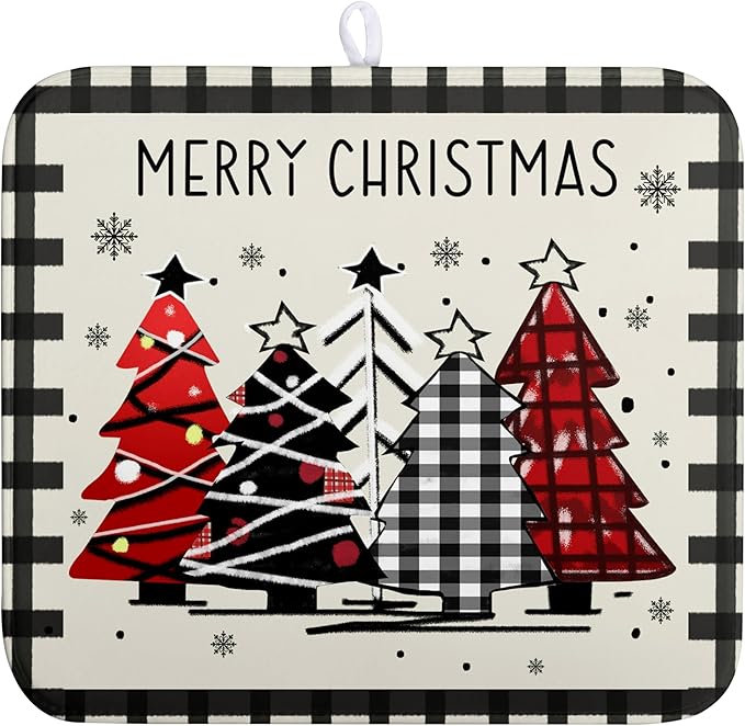 Kwlegh Merry Christmas Dish Drying Mats for Kitchen Counter 16x18 Buffalo Plaid Christmas Tree Microfiber Absorbent Drying Mat Seasonal Winter Holiday Drying Pad Dish Drainer Mat for Coffee Bar Sinks