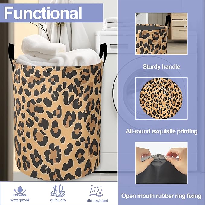 Retro Leopard Print Laundry Hamper Large Canvas Fabric Lightweight Storage Basket/Dirty Clothes Collapsible Waterproof for College Dorms, Boys and Girls Bedroom,Bathroom
