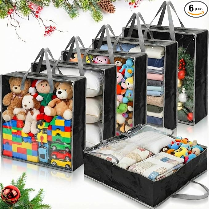 Oversized 6 Pack Storage Bags with Zipper 25 Gallon Tote Bags Moving Travel Camping Essentials Packing Supplies for Clothes Wreaths Quilts Decorations Toys, 26 x 26 x 8.7 Inches(Black)