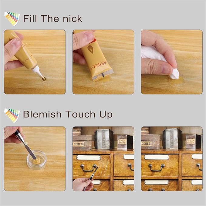 SEISSO Wood Furniture Repair Kit, 24 Colors Wood Fillters with Brushes Plastic Scraper Any Color for Stains, Scratches, Tables, Desks, Wooden Floors, Carpenters(Set of 50)