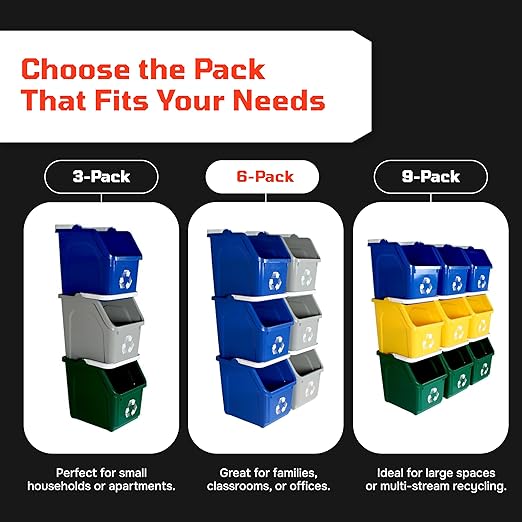 Multi Bin Recycling System with Six Stackable 6 Gallon Recycle Bins to Build Your Recycling Center for Offices, Kitchen, Garages, Businesses (6 Pack, Blue/Green)