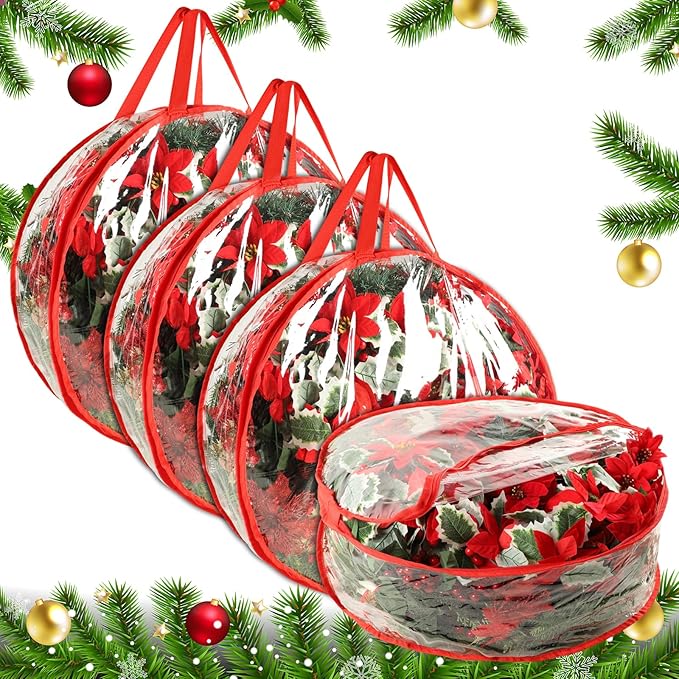 4 Pcs Christmas Wreath Storage Bag, 24 Inch Clear Red Edging Xmas Wreath Storage Container, Garland Holiday Artificial Wreath Storage Holder, Water Proof Transparent PVC with Handles