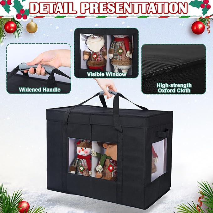 Christmas Figurine Storage Box, 24”x18”x15” Ornament Storage Box, 2025 UpgradeNutcracker Storage Box, Figurine Storage with Dividers, Adjustable Extent Area for Figurines and Pocket, Black