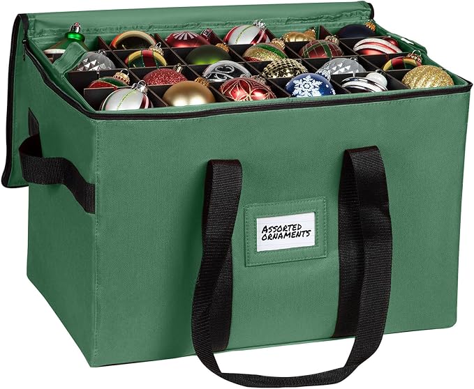Christmas Ornament Storage Container,Box Stores Up to 96-3 inch ornaments, Adjustable Dividers, Large Organizer Bin to Protect and Store Holiday Décor - Green