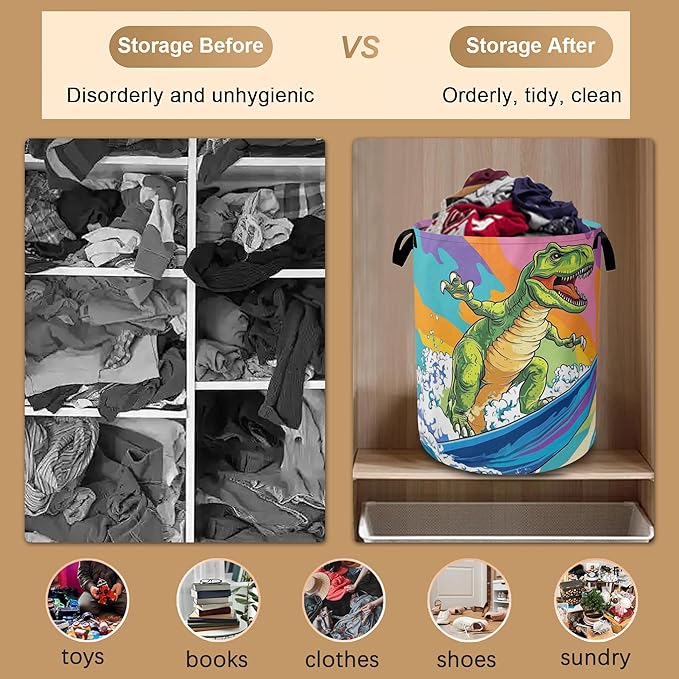 Laundry Basket,Dinosaur Surfing on Sea Collapsible Laundry Baskets,Waterproof Oxford Hamper with Handles for Bathroom Bedroom Nursery Home Storage 16"x20"