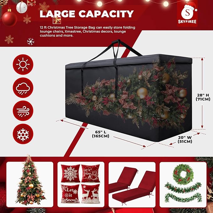 Large Christmas Tree Storage Bag, Fits Up to 9-12 ft Tall Artificial Disassembled Trees, 600D Waterproof Heavy Duty Christmas Tree Bag with Durable Handles & Zipper, 65 x 20 x 28 Inch, Black