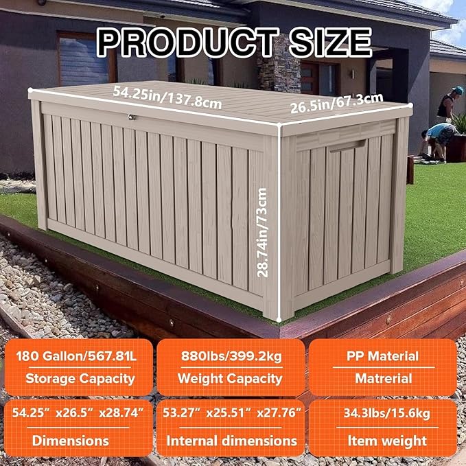 Outdoor Storage Box Waterproof, 180 Gallon Lockable Resin Deck Box Large, Patio Storage Bin for Pool Accessories Cushion Furniture, Garden Tools, UV-Resistant Outside Delivery Grey