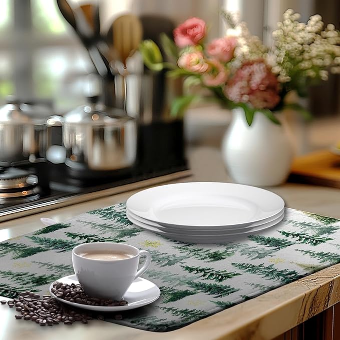 Christmas Trees Dish Drying Mat 18x24 Inch Large Size Winter Dish Dry Mats Microfiber Snowflake Absorbent Drying Pad for Kitchen Counter Forest Kitchen Decor Coffee Bar