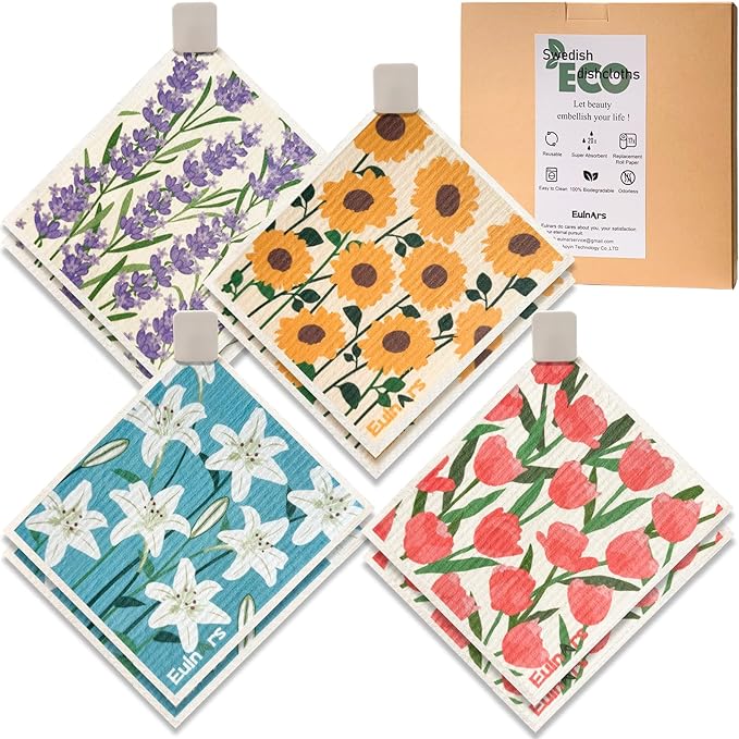 Eulnars Swedish Dishcloths for Kitchen, 8 Pack Flower Reusable Paper Towels Washable, Non-Scratch Swedish Kitchen Towels, Super Absorbent Cellulose Dish Cloths, Eco Friendly Gifts