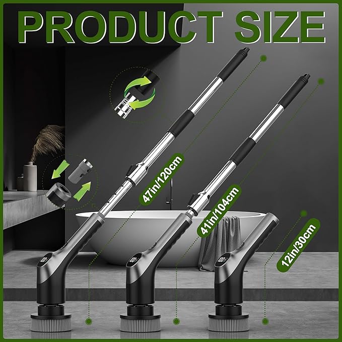 Electric Spin Scrubber, Shower Scrubber with Long Handle Adjustable LCD Display, 2 Speed Shower Cleaner, 7 Replaceable Brush Heads Bathroom Cleaning Brush, Bath Tub Power Scrubbers Black G3