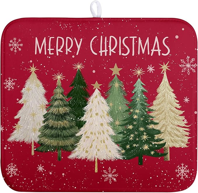 Wnoesat Merry Christmas Dish Drying Mat for Kitchen Counter 16x18 Inch Red Xmas Tree Snowflakes Drying Pad Winter Holiday Absorbent Microfiber Dish Draining Reversible Dish Drainer Rack Mat