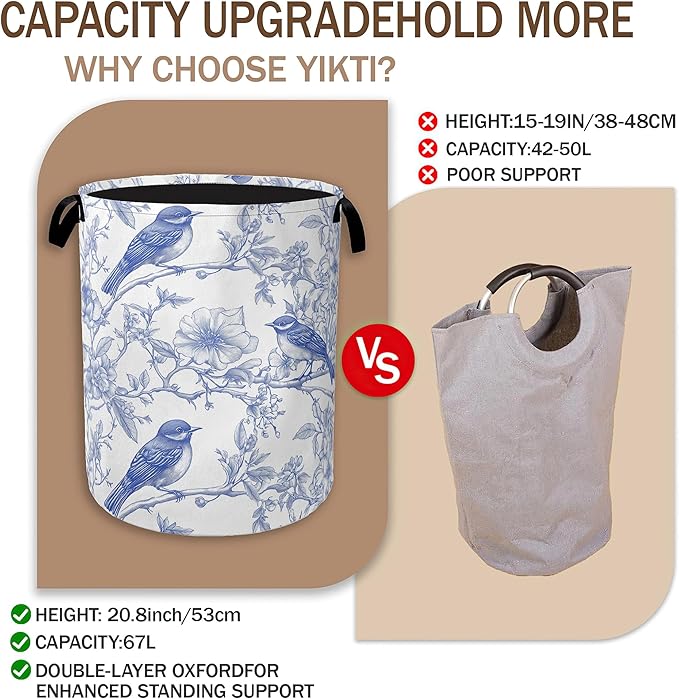 Collapsible Laundry Basket,Blue Birds Dirty Clothes Hamper,Spring Flower Hampers for Bedroom Waterproof Oxford Cloth Storage Organizer for Bathroom,Nursery,Dorm,16x20 Inch