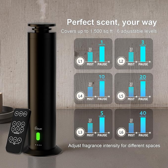 Hotel Collection Diffuser Machine,Remote,Rechargeable,Whisper-Quiet,Aluminum,1500 Sq Ft,Waterless Essential Oil Diffuser - Matte Black