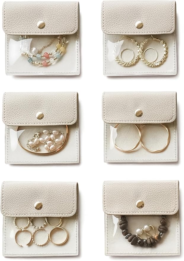 Popvibe 6 Pcs Jewelry Bags Clear Mini Pouch Small Jewelry Pouches for Traveling Leather Portable Travel Jewelry Organizer and Storage Bag for Earrings, Necklace, Beige