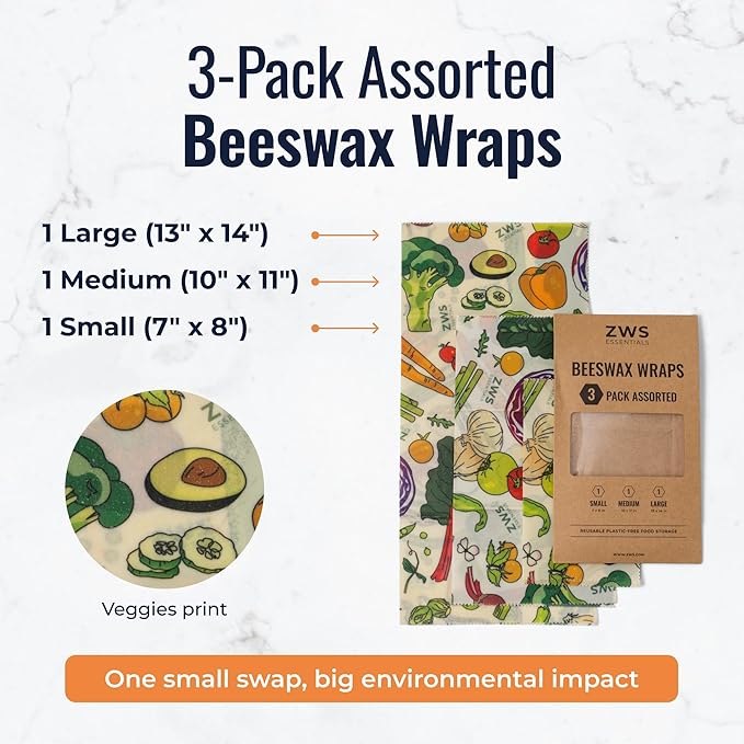 ZWS Essentials Beeswax Wraps, Reusable Cotton Food Storage Set for Kitchen, Lunch, Bread, Snacks, Bowls. Eco-Friendly Plastic-Free Alternative. 3-Pack Assorted - Veggies by Zero Waste Store