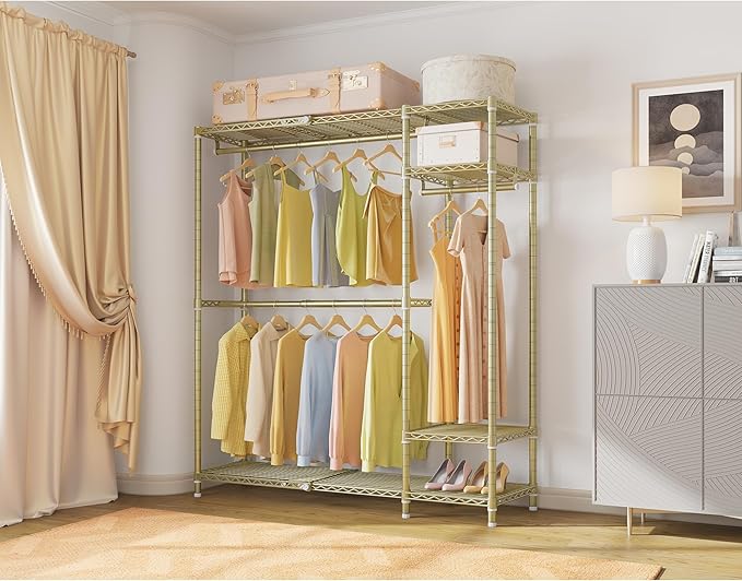 VIPEK X20 Expandable Metal Clothing Rack Adjustable from 3'3" to 4'8" Heavy Duty Garment Racks with Adjustable Shelves and Hanger Rods Portable Wardrobe Open Closet Rack System, Gold