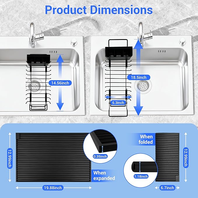 WZGUSXN Dish Drying Rack, Stainless Steel Expandable Over/in Sink & Countertop, Space Saving Collapsible Rust-Proof Rack with Silicone Mat Cutlery Holder for Kitchen/RV/Commercial Use (14.56-18.5" L)