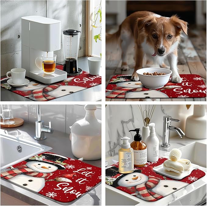Wnoesat Snowman Christmas Dish Drying Mat Winter Drying Mats for Kitchen Counter Xmas Holiday Red Dish Draining Mat Microfiber Absorbent Reusable Dish Rack Pad 16x18 Inch