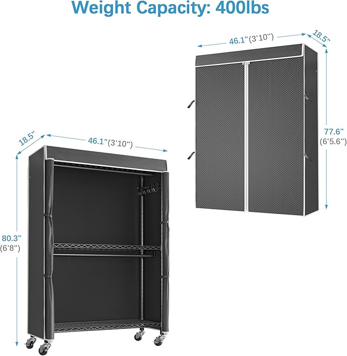 VIPEK R2C Plus Heavy Duty Rolling Garment Racks with Cover Clothing Rack for Hanging Clothes Portable Closet with Adjustable Wire Shelving & Double Rods, Black Rack with Black Upgraded Polyester Cover
