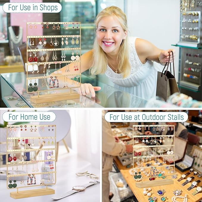 5 Tier 120 Hole Earring Holder Organizer, Rust Proof Metal and Wooden Base Jewelry Organizers and Storage for 60 Pairs of Earrings, Suitable for Home Storage and Sales Display