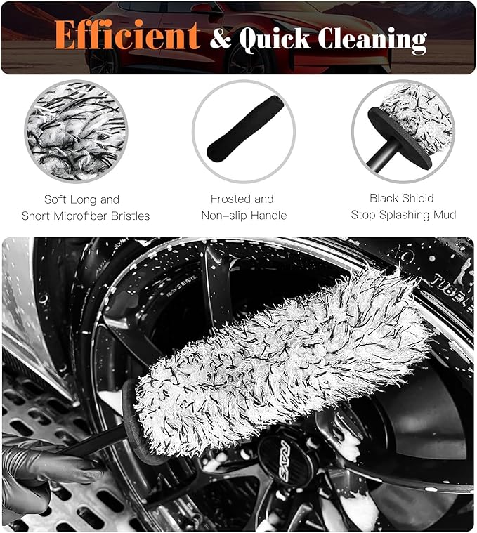 YeewayVeh 4PCS Car Wheel Brush Kit, Microfiber Wheel Cleaner Brush with Boar Hair Detailing Brush, Bendable & Durable Wheel and Tire Brush Kit for Cleaning Wheels, Tires