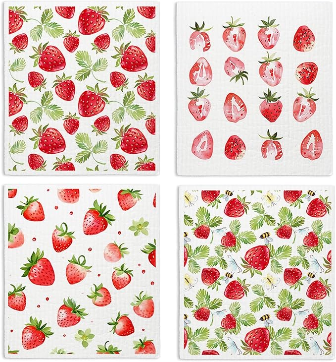 LARTSFRO Strawberries Swedish Dishcloths for Kitchen, Pink Swedish Dish Cloths for Friut, Papaya Reusable Paper Towels, 4 Pack Cleaning Cloth for Kitchen, Reusable Paper Towels Washable