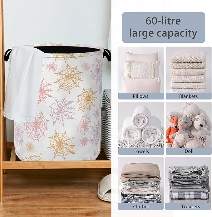 Colorful Spider Web Laundry Basket,Halloween Foldable with Handles Tote Bag Oxford Cloth for Bathroom Bedroom Dirty Clothes Storage Bucket 16" x 20.8"