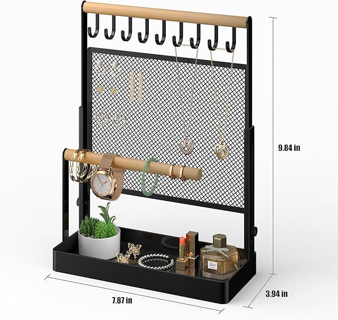 IOAIANIA Jewelry Organizer Stand, Liftable Necklace Holder with Earring Organizer Net, 9 Hooks Necklaces Storage Wooden Handing Bar for Bracelets Watches Rings (Black)