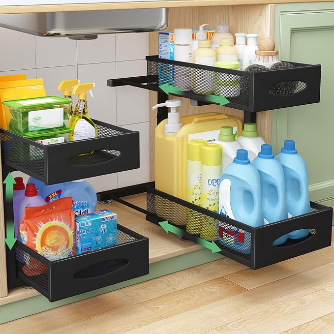 Under Sink Organizer, 2 Pack 2 Tier Pull out Cabinet Organizer Baskets with Mesh Sliding Drawers, Slide out Sink Storage Shelves for Home, Kitchen, Bathroom, Pantry, Office Organizers and Storag,Black