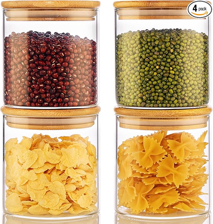 HomArtist 21oz - 4 Pack Glass Jars with Bamboo Lids, Glass Food Storage Containers with Airtight Lids, Air Tight Pantry Storage Containers for Coffee, Sugar, Spice, Meal Prep Jars for Salad & Fruit