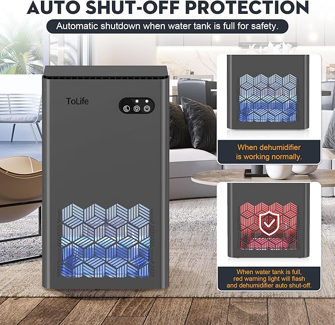 ToLife Dehumidifiers for Home, 1000 sq.ft Dehumidifier for Bedroom Bathroom Basement with 95 OZ Water Tank, Auto Shut Off 7 Colors LED Light, Gery