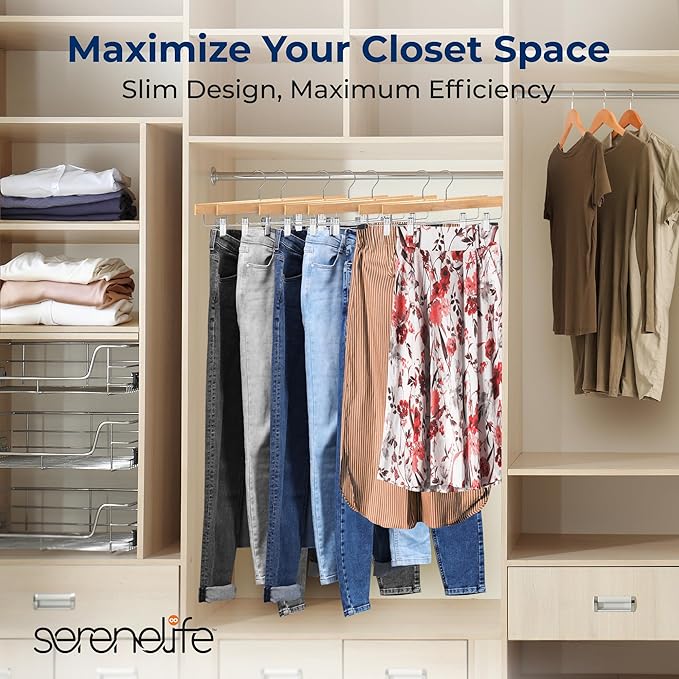 SereneLife 10 Pack Skirt and Pant Hanger with Adjustable Non-Slip Steel Clips, Premium Wooden, 360° Swivel Hook & 10 lb Capacity – Space-Saving Heavy-Duty Hangers for Jeans, Shorts & Slacks (Natural)