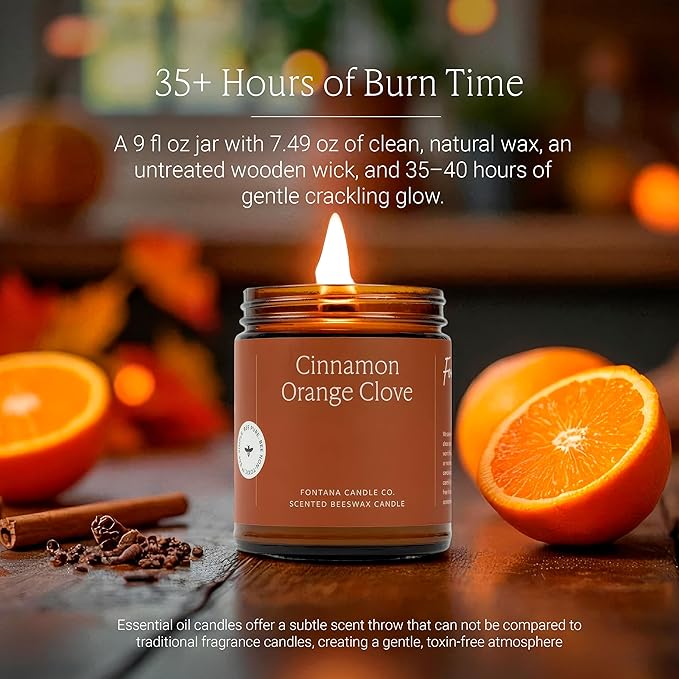 Fontana Candle Co Wood Wick Beeswax Jar Candle, Cinnamon Orange Clove - Made with Coconut Oil & Pure Essential Oils – Clean Burn, Long Lasting and Non-Toxic Candles for Home & Room Decor