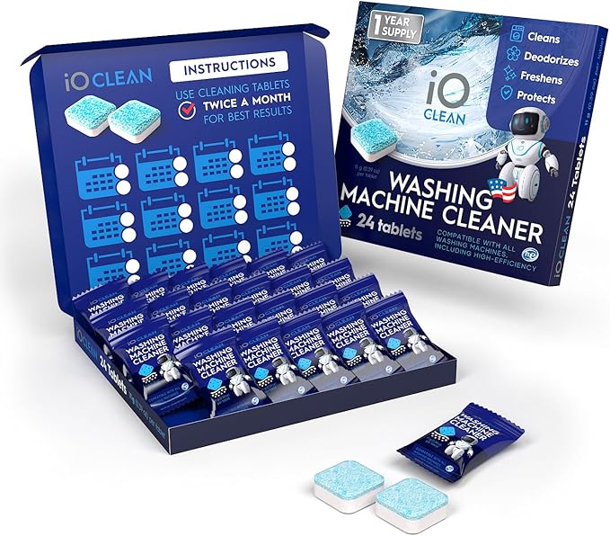 iO CLEAN Washing Machine Cleaner Descaler Tablets, 24 Count (1 Year Supply) – Deep Clean Washer Cleaner Tablets for HE Front Load & Top Load – Unscented Washing Machine Descaler for Odor Control