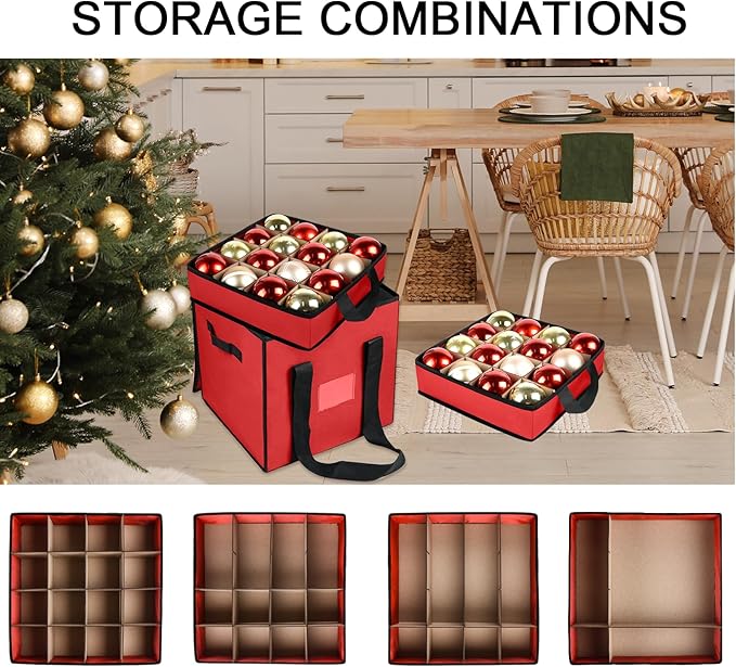 Christmas Ornament Storage Box with Dividers, Christmas Balls Storage Containers with Zipper & 4 Removable Trays - Holds Up to 64 Balls - 600D Oxford Christmas Decoration Storage Organizer (Red)