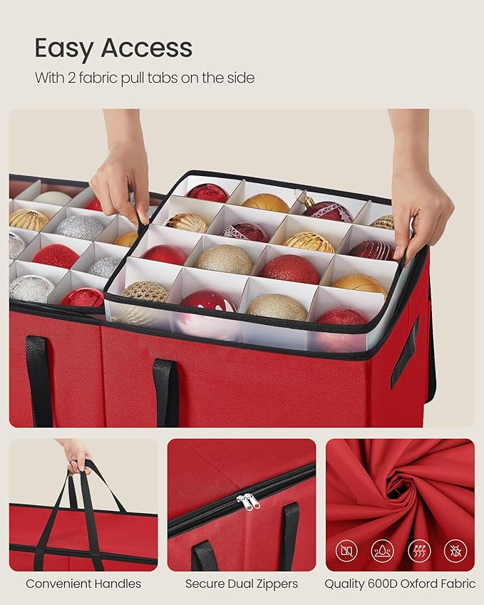 SONGMICS Christmas Ornament Storage Box, Dual Zippers, Stackable Christmas Storage Container with Lid, 8 Trays, 600D Oxford, 3-Inch 128 Slots, Cherry Red URFB035R01