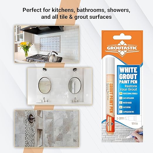 White Grout Paint Pen – Tile Grout Colorant & Sealer Marker, Quick-Dry, 3 Adjustable Tips (2-3 mm), Ideal for Bathroom, Shower, Kitchen Tiles – Restores Grout Lines