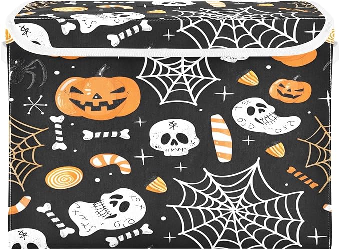 Bolaz Storage Bins with Lids and Handles,Halloween Seamless Pumpkins Spider Web Storage Box Basket with Cover Collapsible Organizer Containers for Home Closet, Shelves