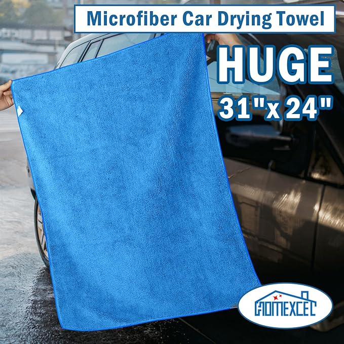 HOMEXCEL Professional Large Microfiber Car Drying Towels 2 Pack, Lint Free, Scratch Free, Highly Absorbent Drying Towel for Cars, SUVs, RVs, Trucks, and Boats,31" x 24",Blue